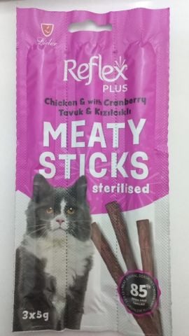 Reflex Plus Meaty Sticks Tavuklu ve Kızılcıklı Kısırlaştırılmış Kedi Ödül Çubuk (3x5gr) 15 gr (stt:06/2026)
