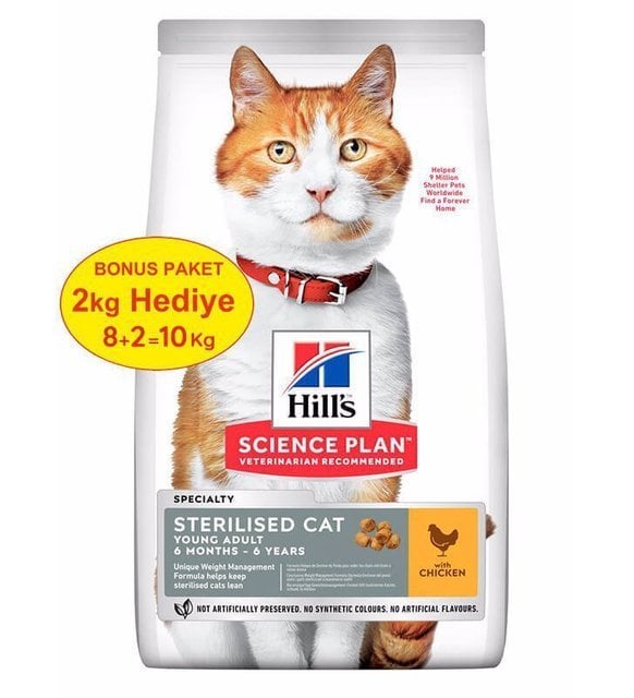 Hills Young Adult Sterilised Tavuklu Kısırlaştırılmış Kedi Maması 8+2kg(Bonuslu)(stt.06/2027)