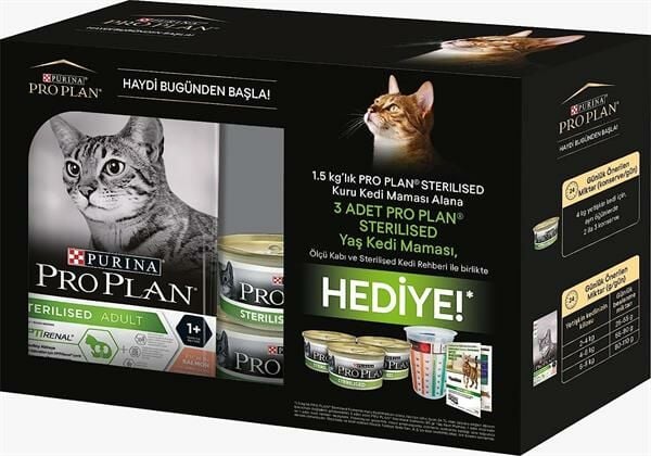 Proplan Hediye Paketi Kısırlaştırılmış Somonlu Kedi Maması 1.5 Kg + 3 Adet Yaş Mama + Ölçü Kabı(stt:12/2025)