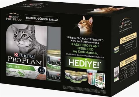 Proplan Hediye Paketi Kısırlaştırılmış Somonlu Kedi Maması 1.5 Kg + 3 Adet Yaş Mama + Ölçü Kabı(stt:12/2025)