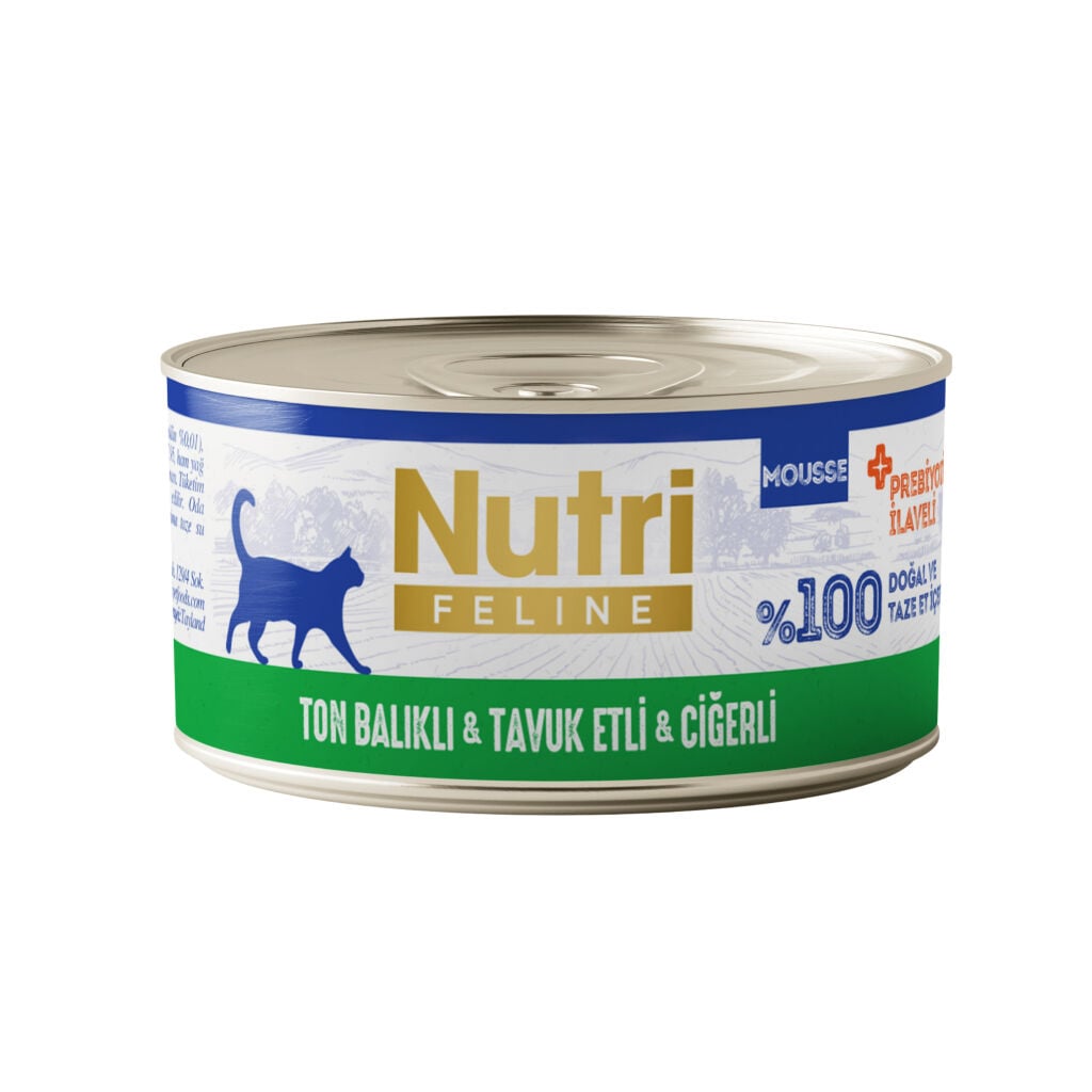 Nutri Feline Mousse Ton Balıklı Tavuk Etli ve Ciğerli Prebiyotikli Yetişkin Kedi Konservesi 70gr (stt:12/2028)