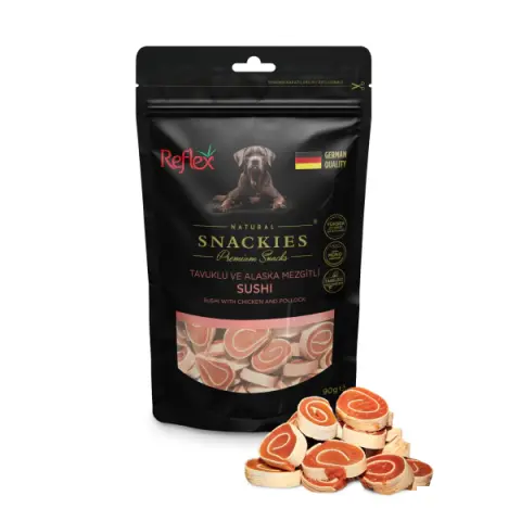 Reflex Snackies Natural Tavuklu ve Alaska Mezgitli Sushi Tahılsız Köpek Ödül Maması 90 gr (stt:12/2027)