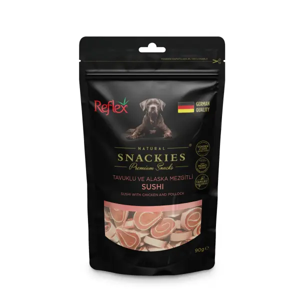 Reflex Snackies Natural Tavuklu ve Alaska Mezgitli Sushi Tahılsız Köpek Ödül Maması 90 gr (stt:12/2027)
