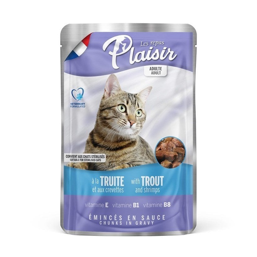 Plaisir Alabalıklı ve Karidesli Pouch Yetişkin Kedi Yaş Maması 100 Gr(stt.02/2027)