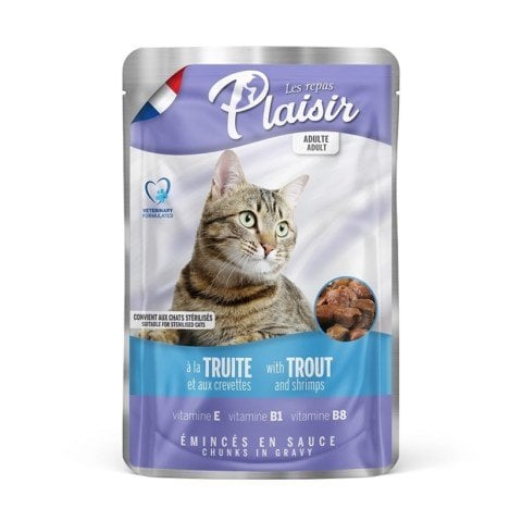 Plaisir Alabalıklı ve Karidesli Pouch Yetişkin Kedi Yaş Maması 100 Gr(stt.12/2027)