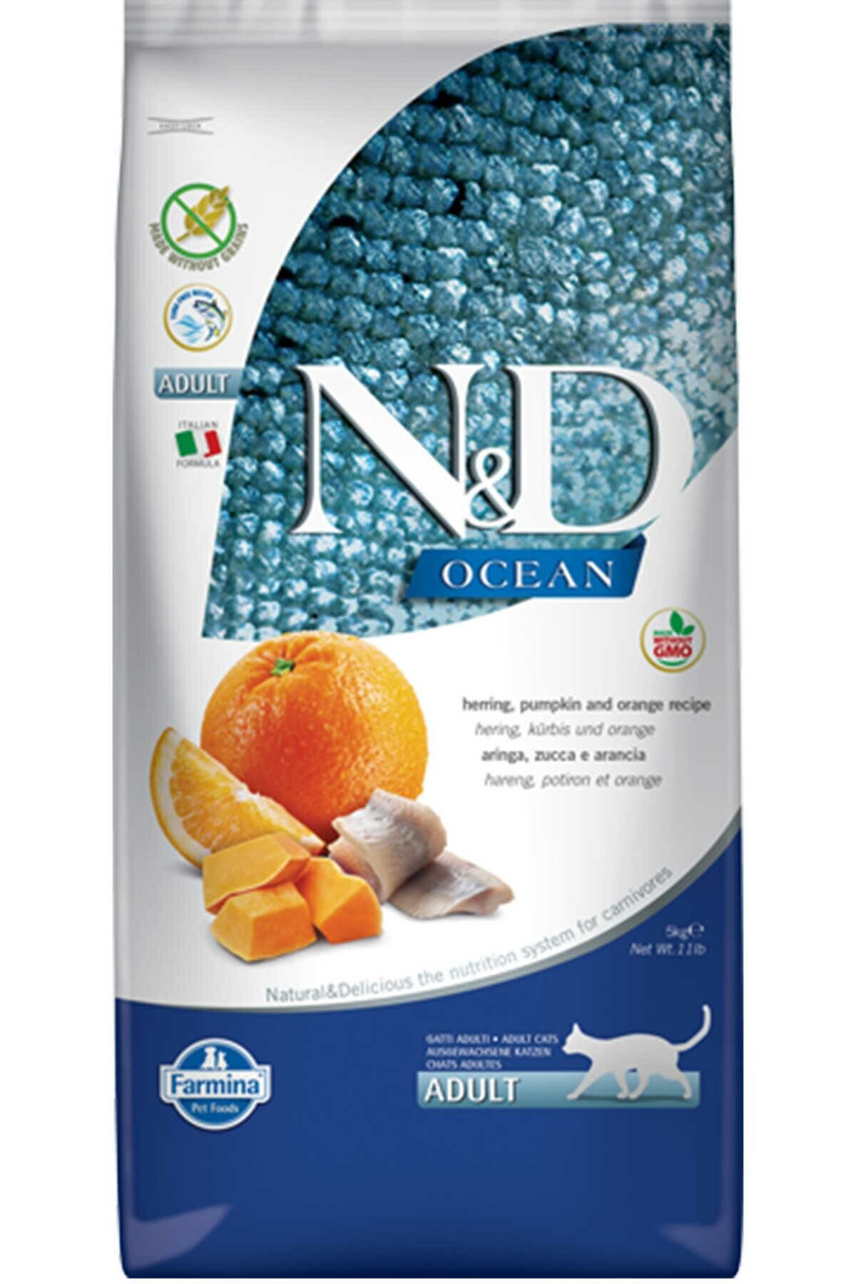 ND Ocean Ringa Balıklı, Balkabaklı ve Portakallı Tahılsız Yetişkin Kedi Maması 5 kg (stt.08/2027)