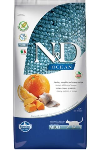 ND Ocean Ringa Balıklı, Balkabaklı ve Portakallı Tahılsız Yetişkin Kedi Maması 5 kg (stt.01/2027)