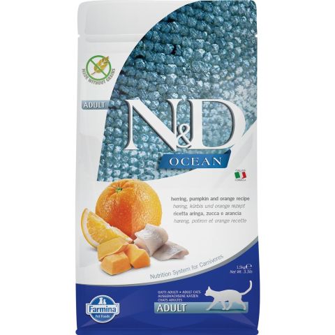 ND Tahılsız Ringa Balıklı, Portakallı ve Balkabaklı Yetişkin Kedi Maması  1.5 kg (stt:12/2026)