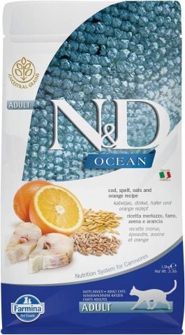 ND Düşük Tahıllı Morina Balıklı ve Portakallı Yetişkin Kedi Maması 1.5 kg (stt.08/2025)
