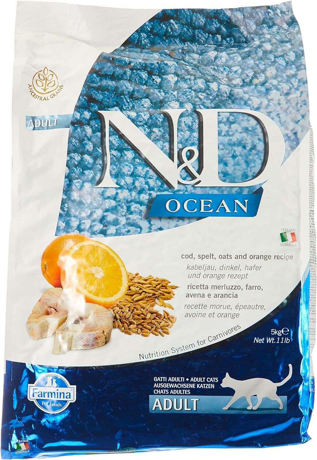 ND Ocean Düşük Tahıllı Morina Balıklı Portakallı Yetişkin Kedi Maması 5 kg (stt:04/2027)