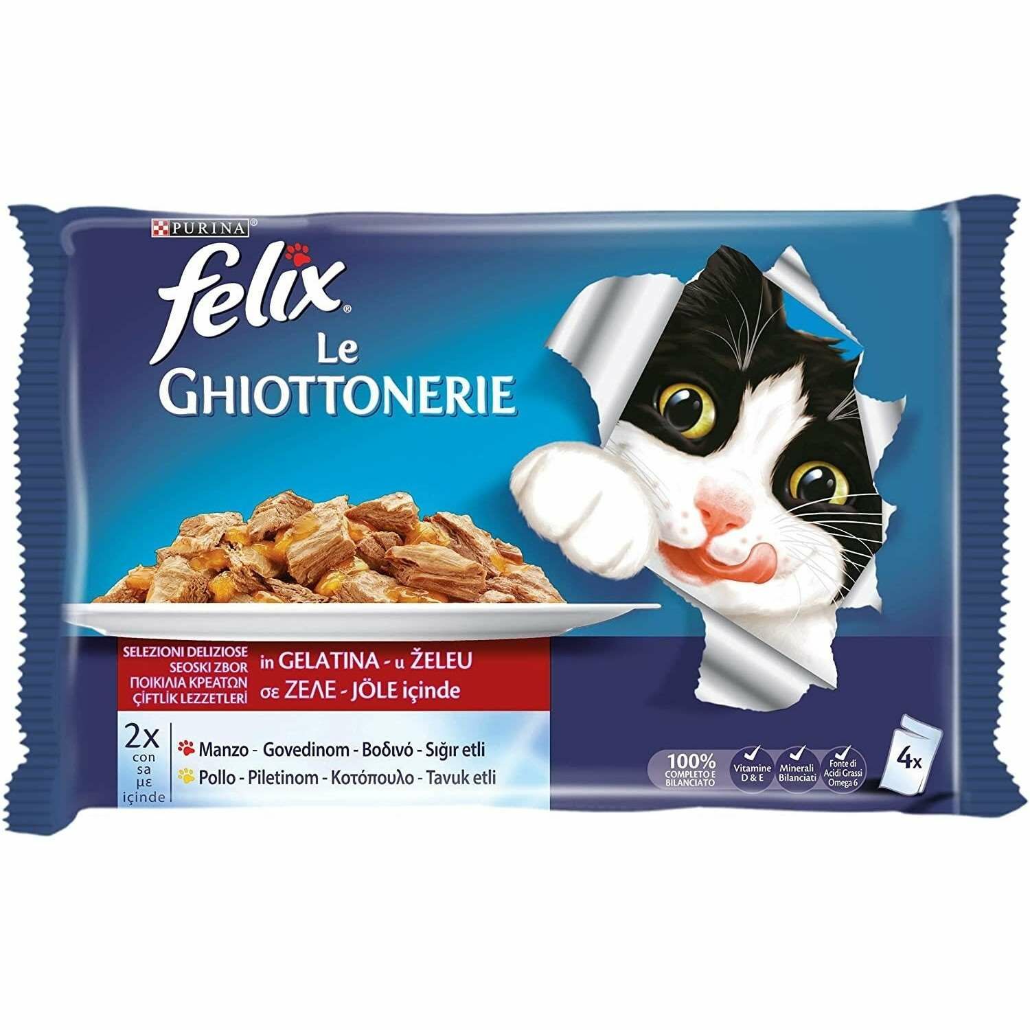 Felix Pouch Jöle içinde Sığır Etli ve Tavuklu Kedi Konservesi 4x100 gr (stt:06/2028)