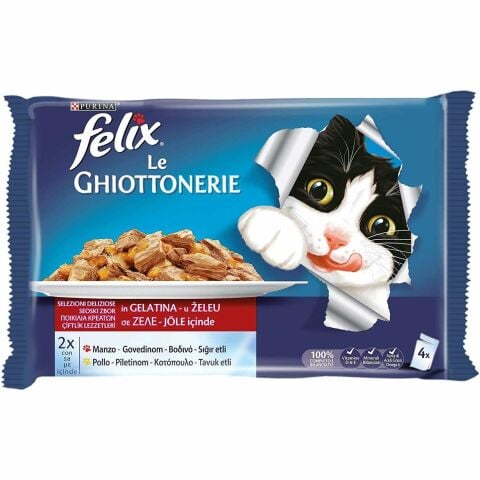 Felix Pouch Jöle içinde Sığır Etli ve Tavuklu Kedi Konservesi 4x100 gr (stt:08/2027)