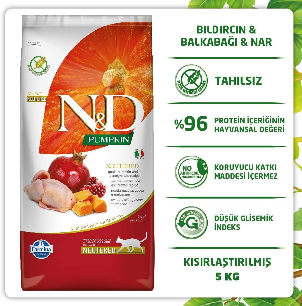 ND Tahılsız Bıldırcın Etli Balkabaklı Kısırlaştırılmış Kedi Maması 5 kg (Stt: 02/2027)