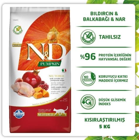ND Tahılsız Bıldırcın Etli Balkabaklı Kısırlaştırılmış Kedi Maması 5 kg (Stt: 02/2027)