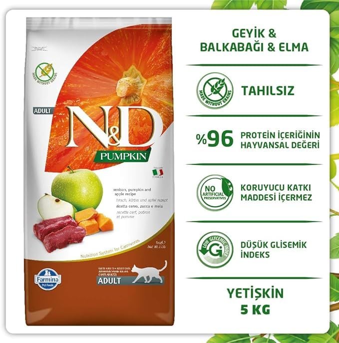 ND  Tahılsız Balkabaklı, Geyik ve Elmalı Yetişkin Kedi Maması  5 kg (stt: 04/2027)