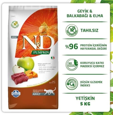 ND  Tahılsız Balkabaklı, Geyik ve Elmalı Yetişkin Kedi Maması  5 kg (stt: 04/2027)