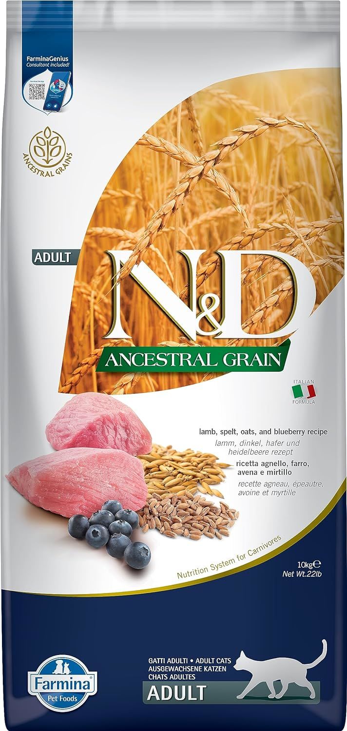 ND Ancestral Grain Kuzu Etli ve Yaban Mersinli, Ata Tahıllı Yetişkin Kedi Maması 10kg (stt:12/2026)