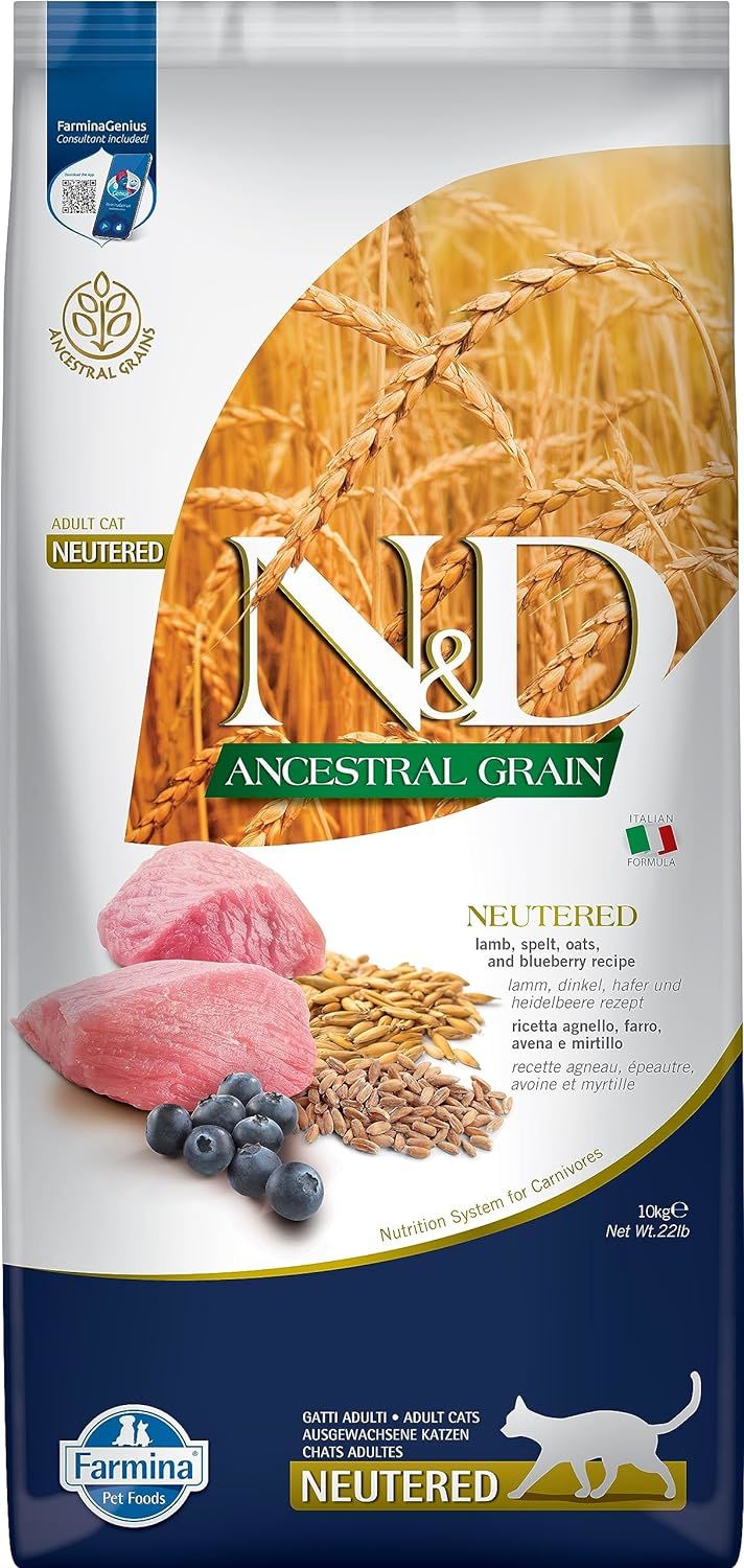 ND Ancestral Grain Kuzu Etli ve Yaban Mersinli Ata Tahıllı Kısırlaştırılmış Kedi Maması 10kg (stt:10/2026)