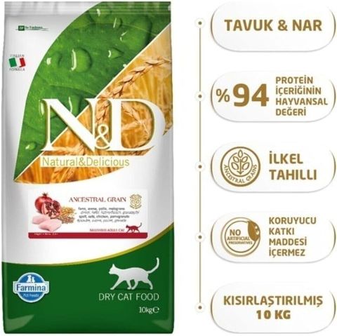 ND Ancestral Grain Tavuklu ve Narlı, Ata Tahıllı Kısırlaştırılmış Kedi Maması 10kg (stt:02/2027)