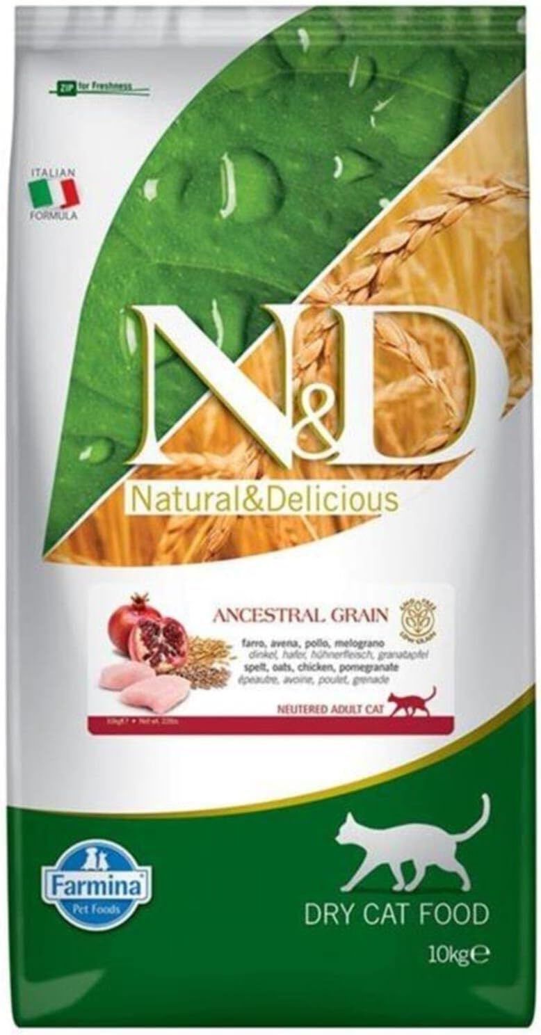 ND Ancestral Grain Tavuklu ve Narlı, Ata Tahıllı Kısırlaştırılmış Kedi Maması 10kg (stt:02/2027)