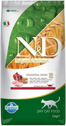 ND Ancestral Grain Tavuklu ve Narlı, Ata Tahıllı Kısırlaştırılmış Kedi Maması 10kg (stt:02/2027)