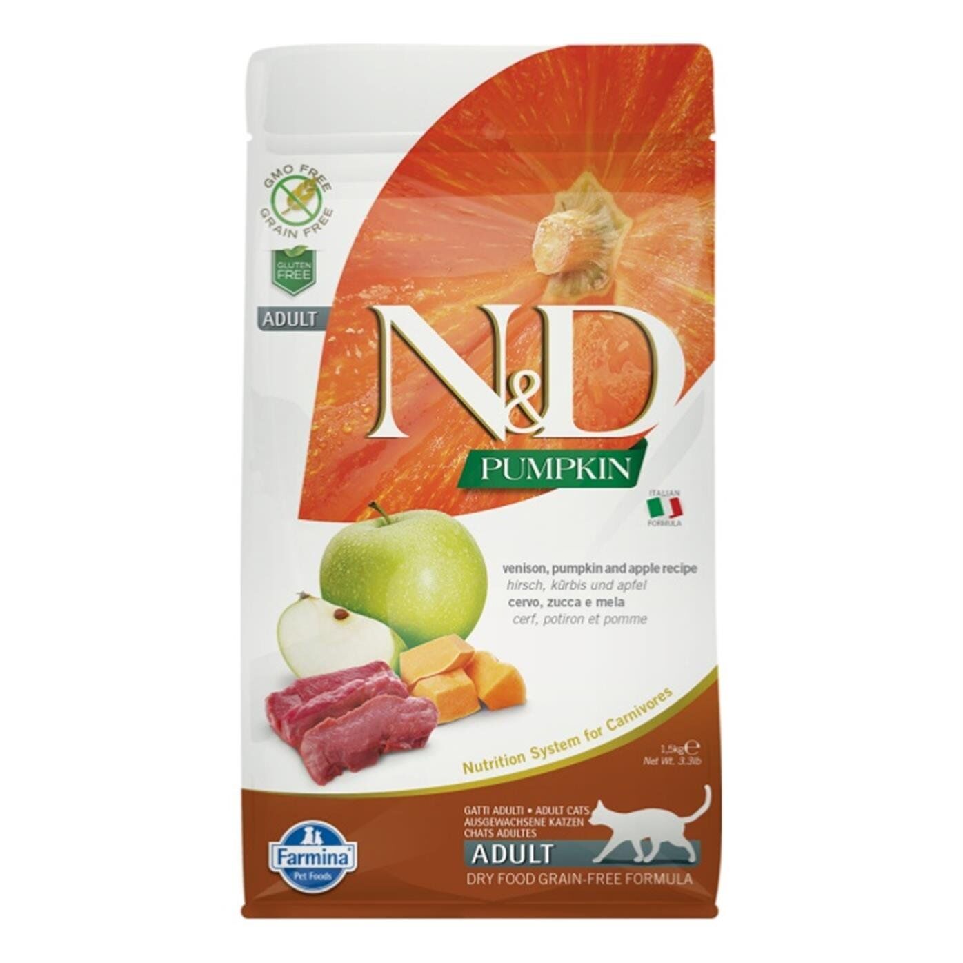 ND Pumpkin Tahılsız Geyik Etli Bal Kabaklı ve Elmalı Yetişkin Kedi Maması 1,5kg (stt:01/2027)