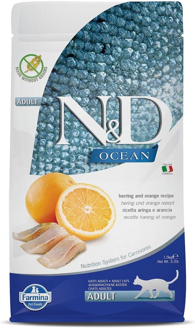 ND Ocean Tahılsız Ringa Balıklı ve Portakallı Yetişkin Kedi Maması 1,5kg (stt:04/2025)