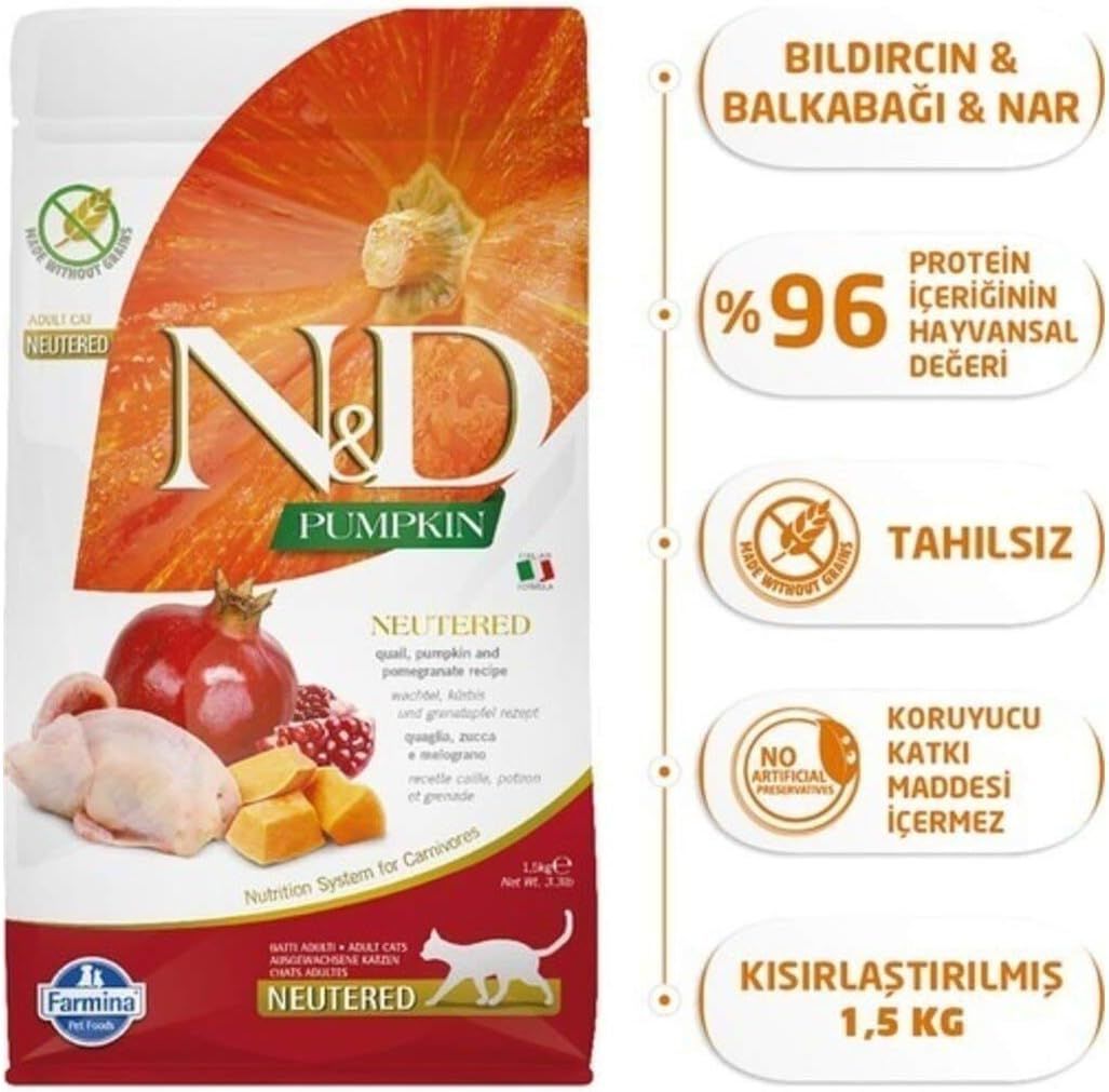 ND Pumpkin Tahılsız Bıldırcın Etli Bal Kabaklı ve Narlı Kısırlaştırılmış Kedi Maması 1,5kg (stt:08/2025)