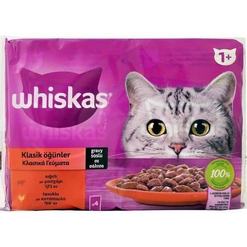 Whiskas Klasik Öğünler Sığırlı ve Tavuklu Gravy Soslu Kedi Konservesi 4 x 85 gr (stt:12/2027)