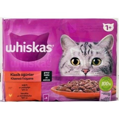 Whiskas Klasik Öğünler Sığırlı ve Tavuklu Gravy Soslu Kedi Konservesi 4 x 85 gr (stt:12/2027)